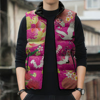 Hawaiian and Japanese Culture Together Sleeveless Puffer Jacket Kakau Tribal Pattern and Irezumi Art Pink Color