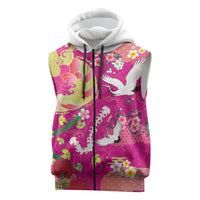 Hawaiian and Japanese Culture Together Sleeveless Zip Hoodie Kakau Tribal Pattern and Irezumi Art Pink Color