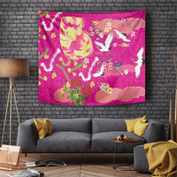 Hawaiian and Japanese Culture Together Tapestry Kakau Tribal Pattern and Irezumi Art Pink Color
