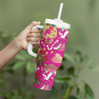 Hawaiian and Japanese Culture Together Tumbler With Handle Kakau Tribal Pattern and Irezumi Art Pink Color