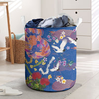 Hawaiian and Japanese Culture Together Laundry Basket Kakau Tribal Pattern and Irezumi Art Blue Color