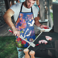 Hawaiian and Japanese Culture Together Apron Kakau Tribal Pattern and Irezumi Art Blue Color