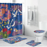 Hawaiian and Japanese Culture Together Bathroom Set Kakau Tribal Pattern and Irezumi Art Blue Color