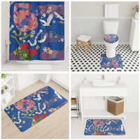 Hawaiian and Japanese Culture Together Bathroom Set Kakau Tribal Pattern and Irezumi Art Blue Color