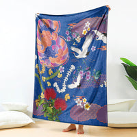 Hawaiian and Japanese Culture Together Blanket Kakau Tribal Pattern and Irezumi Art Blue Color
