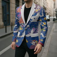 Hawaiian and Japanese Culture Together Blazer Kakau Tribal Pattern and Irezumi Art Blue Color