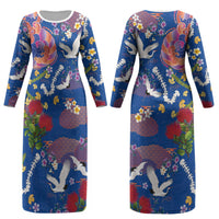 Hawaiian and Japanese Culture Together Couples Matching Long Sleeve Bodycon Dress and Hawaiian Shirt Kakau Tribal Pattern and Irezumi Art Blue Color