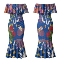 Hawaiian and Japanese Culture Together Couples Matching Mermaid Dress and Hawaiian Shirt Kakau Tribal Pattern and Irezumi Art Blue Color