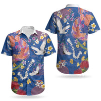 Hawaiian and Japanese Culture Together Couples Matching Off The Shoulder Long Sleeve Dress and Hawaiian Shirt Kakau Tribal Pattern and Irezumi Art Blue Color