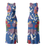 Hawaiian and Japanese Culture Together Couples Matching Tank Maxi Dress and Long Sleeve Button Shirt Kakau Tribal Pattern and Irezumi Art Blue Color