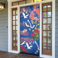 Hawaiian and Japanese Culture Together Door Cover Kakau Tribal Pattern and Irezumi Art Blue Color