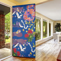 Hawaiian and Japanese Culture Together Door Cover Kakau Tribal Pattern and Irezumi Art Blue Color