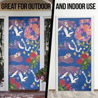 Hawaiian and Japanese Culture Together Door Cover Kakau Tribal Pattern and Irezumi Art Blue Color