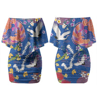 Hawaiian and Japanese Culture Together Family Matching Off Shoulder Short Dress and Hawaiian Shirt Kakau Tribal Pattern and Irezumi Art Blue Color