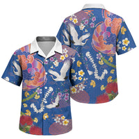 Hawaiian and Japanese Culture Together Family Matching Off Shoulder Short Dress and Hawaiian Shirt Kakau Tribal Pattern and Irezumi Art Blue Color