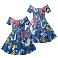 Hawaiian and Japanese Culture Together Family Matching Short Sleeve Bodycon Dress and Hawaiian Shirt Kakau Tribal Pattern and Irezumi Art Blue Color