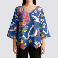 Hawaiian and Japanese Culture Together Kimono Sleeve Blouse Kakau Tribal Pattern and Irezumi Art Blue Color
