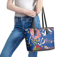 Hawaiian and Japanese Culture Together Leather Tote Bag Kakau Tribal Pattern and Irezumi Art Blue Color