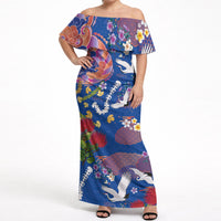 Hawaiian and Japanese Culture Together Off Shoulder Maxi Dress Kakau Tribal Pattern and Irezumi Art Blue Color LT03 Women Blue - Polynesian Pride