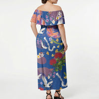 Hawaiian and Japanese Culture Together Off Shoulder Maxi Dress Kakau Tribal Pattern and Irezumi Art Blue Color LT03 - Polynesian Pride