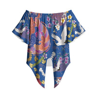 Hawaiian and Japanese Culture Together Off Shoulder Wrap Waist Top Kakau Tribal Pattern and Irezumi Art Blue Color LT03 Blue - Polynesian Pride