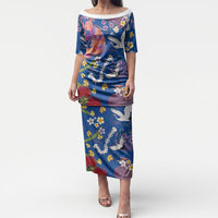 Hawaiian and Japanese Culture Together Puletasi Kakau Tribal Pattern and Irezumi Art Blue Color LT03 Long Dress Blue - Polynesian Pride