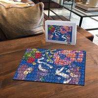 Hawaiian and Japanese Culture Together Puzzle Kakau Tribal Pattern and Irezumi Art Blue Color