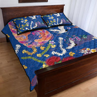 Hawaiian and Japanese Culture Together Quilt Bed Set Kakau Tribal Pattern and Irezumi Art Blue Color
