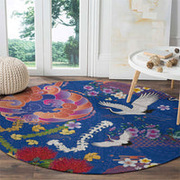Hawaiian and Japanese Culture Together Round Carpet Kakau Tribal Pattern and Irezumi Art Blue Color
