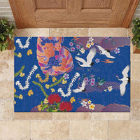 Hawaiian and Japanese Culture Together Rubber Doormat Kakau Tribal Pattern and Irezumi Art Blue Color