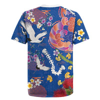 Hawaiian and Japanese Culture Together Rugby Jersey Kakau Tribal Pattern and Irezumi Art Blue Color