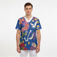 Hawaiian and Japanese Culture Together Scrub Top Kakau Tribal Pattern and Irezumi Art Blue Color