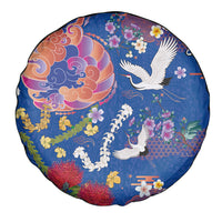Hawaiian and Japanese Culture Together Spare Tire Cover Kakau Tribal Pattern and Irezumi Art Blue Color