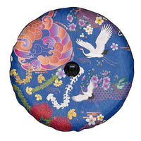 Hawaiian and Japanese Culture Together Spare Tire Cover Kakau Tribal Pattern and Irezumi Art Blue Color