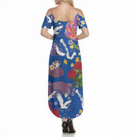 Hawaiian and Japanese Culture Together Summer Maxi Dress Kakau Tribal Pattern and Irezumi Art Blue Color