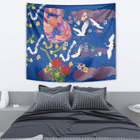 Hawaiian and Japanese Culture Together Tapestry Kakau Tribal Pattern and Irezumi Art Blue Color