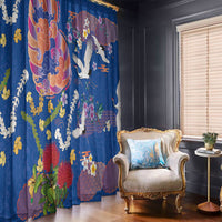 Hawaiian and Japanese Culture Together Window Curtain Kakau Tribal Pattern and Irezumi Art Blue Color