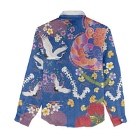 Hawaiian and Japanese Culture Together Women Casual Shirt Kakau Tribal Pattern and Irezumi Art Blue Color