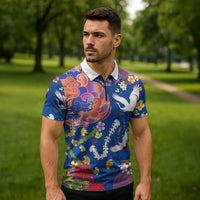 Hawaiian and Japanese Culture Together Zipper Polo Shirt Kakau Tribal Pattern and Irezumi Art Blue Color