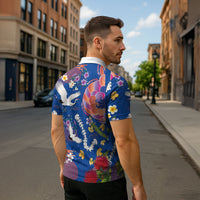 Hawaiian and Japanese Culture Together Zipper Polo Shirt Kakau Tribal Pattern and Irezumi Art Blue Color