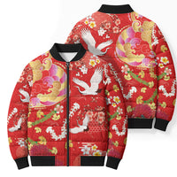 Hawaiian and Japanese Culture Together Bomber Puffer Jacket Kakau Tribal Pattern and Irezumi Art Red Color