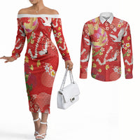 Hawaiian and Japanese Culture Together Couples Matching Off The Shoulder Long Sleeve Dress and Long Sleeve Button Shirt Kakau Tribal Pattern and Irezumi Art Red Color