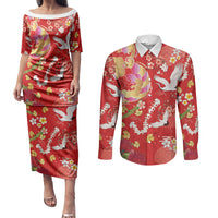 Hawaiian and Japanese Culture Together Couples Matching Puletasi and Long Sleeve Button Shirt Kakau Tribal Pattern and Irezumi Art Red Color