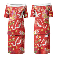 Hawaiian and Japanese Culture Together Couples Matching Puletasi and Long Sleeve Button Shirt Kakau Tribal Pattern and Irezumi Art Red Color