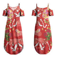 Hawaiian and Japanese Culture Together Couples Matching Summer Maxi Dress and Hawaiian Shirt Kakau Tribal Pattern and Irezumi Art Red Color
