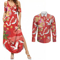 Hawaiian and Japanese Culture Together Couples Matching Summer Maxi Dress and Long Sleeve Button Shirt Kakau Tribal Pattern and Irezumi Art Red Color