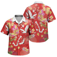 Hawaiian and Japanese Culture Together Family Matching Off The Shoulder Long Sleeve Dress and Hawaiian Shirt Kakau Tribal Pattern and Irezumi Art Red Color