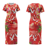 Hawaiian and Japanese Culture Together Family Matching Short Sleeve Bodycon Dress and Hawaiian Shirt Kakau Tribal Pattern and Irezumi Art Red Color