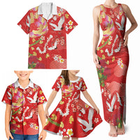 Hawaiian and Japanese Culture Together Family Matching Tank Maxi Dress and Hawaiian Shirt Kakau Tribal Pattern and Irezumi Art Red Color