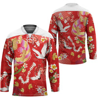 Hawaiian and Japanese Culture Together Hockey Jersey Kakau Tribal Pattern and Irezumi Art Red Color